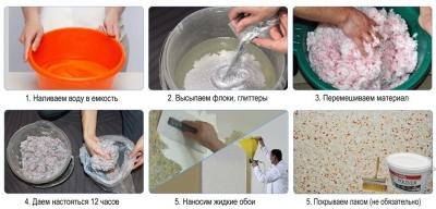 Как клеить жидкие обои &mdash; на стену, потолок, пошаговая инструкция, фото